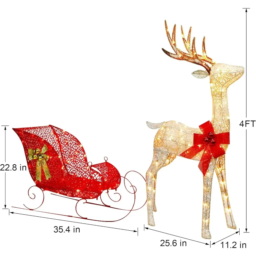 Christmas Yard Decoration, 4 FT 120 LEDs Pre-lit 3D Reindeer & Sleigh Outdoor Decorations, Warm White Light Up Glittered