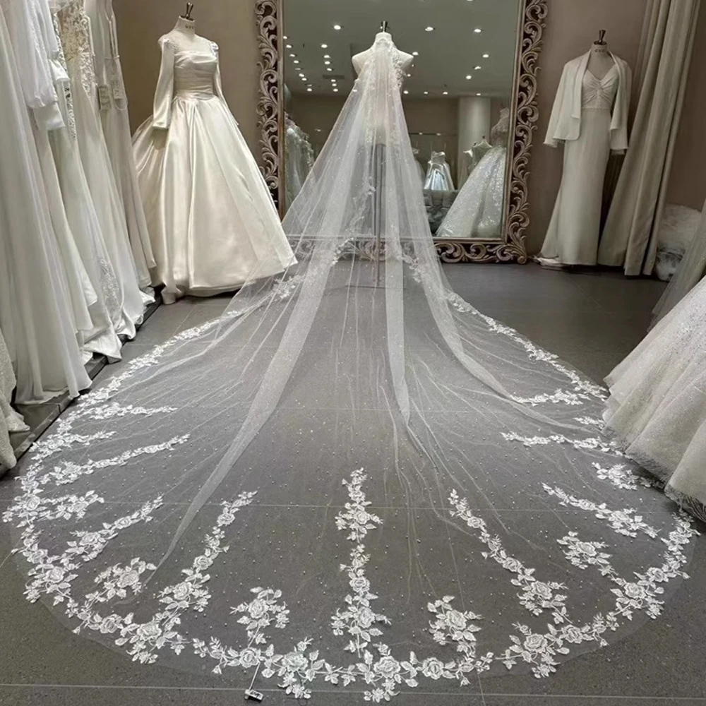 

Lace Long Wedding Veil 1T Long Luxurious Pearls Bridal Veils With Comb Customized