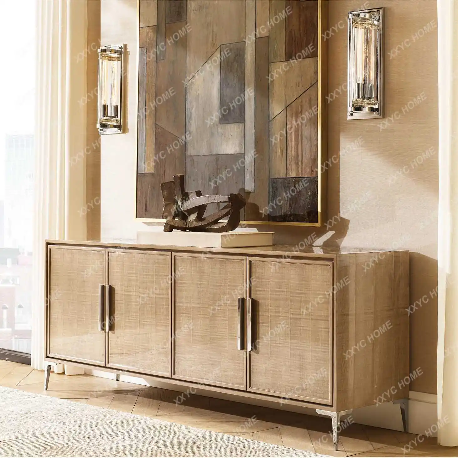Solid wood export simple modern minimalist light luxury glass 4 doors living room storage TV cabinet baking paint