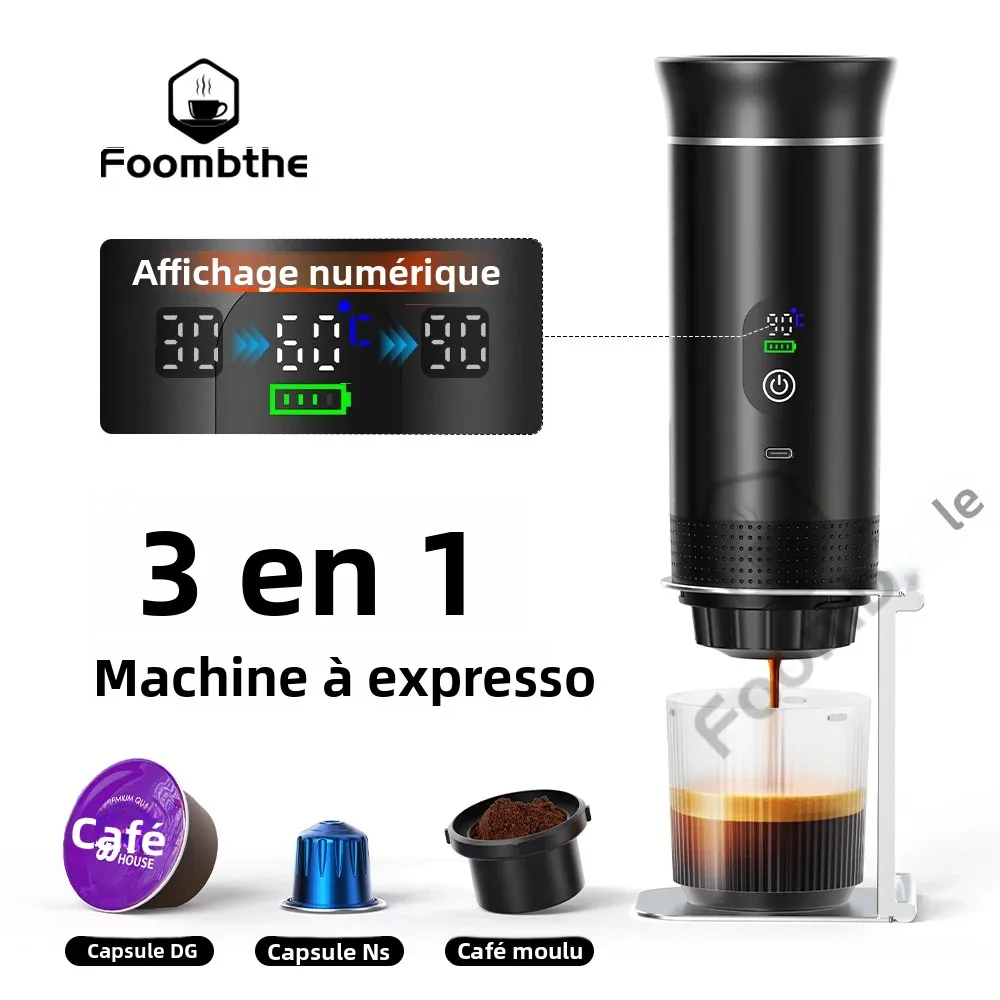 Machine à café expresso portable sans fil Foombthe pour voiture et camping, réservoir d'eau de 80 ml, affichage numérique, machine à café de voyage 3 en 1 pour capsules et poudres