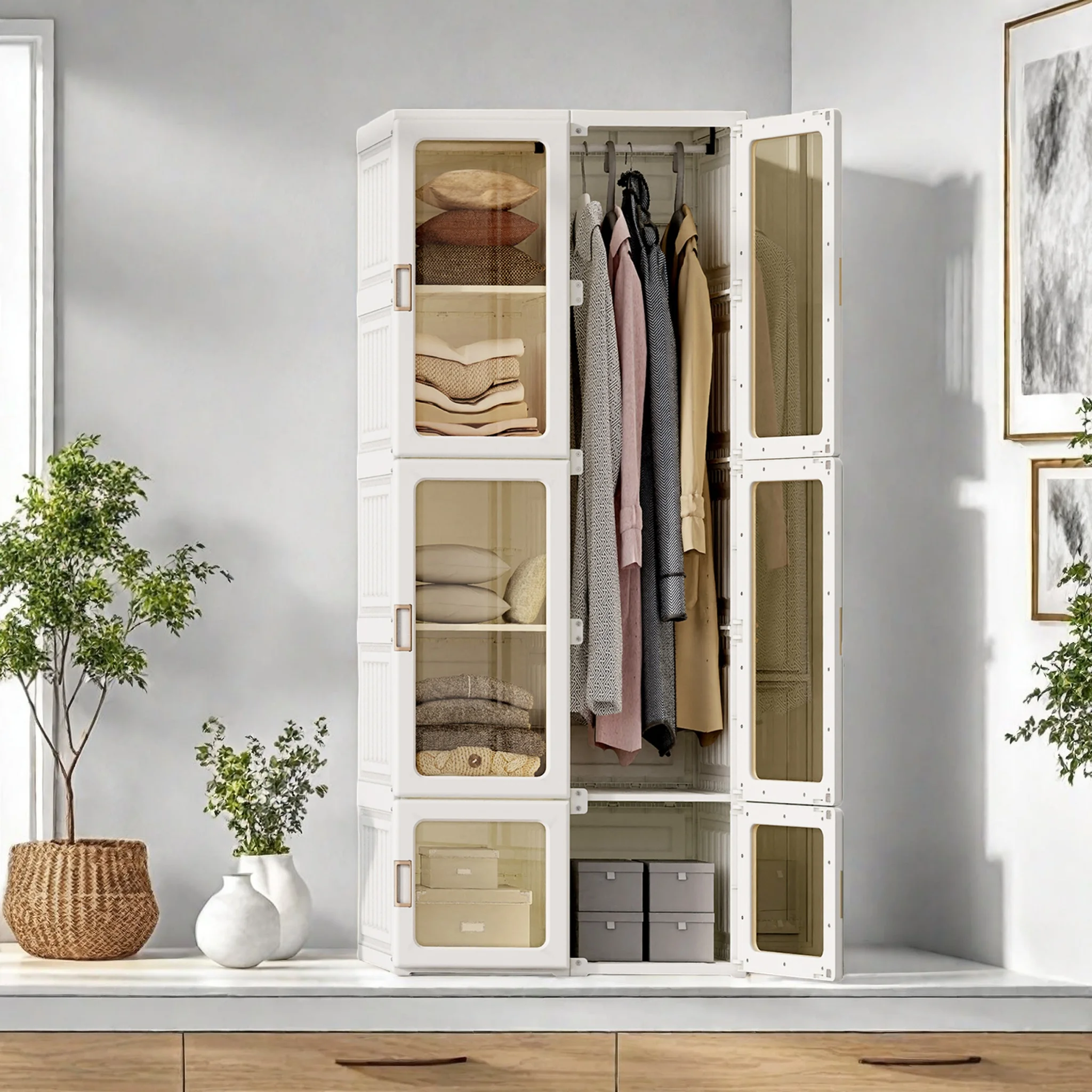 Armario Plegable Portátil Comanlai 69x170x50cm, Armario Moderno de Plástico con Puerta Transparente y 1 Barra para Ropa, Almacenamiento de Ropa Colgante, Muebles para Dormitorio
