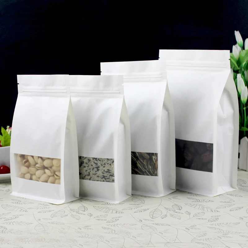 50pcs 3D White Stand up Paper Window Zip Lock Packaging Bag Resealable Snack Cookie Tea Coffee Spice Sugar Nuts Storage Pouches