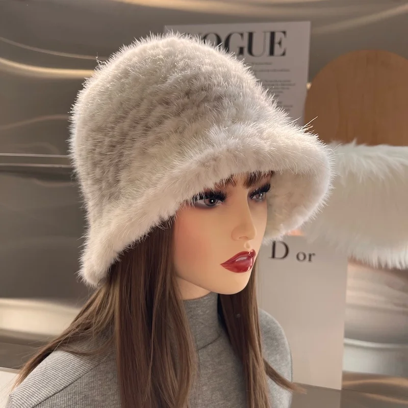 Women Hat 100% Real Mink Fur Hats Women Knitted Beanie Russian Girls Cap With Soft Knitting Thick Female Cap Elastic Bucket Hats