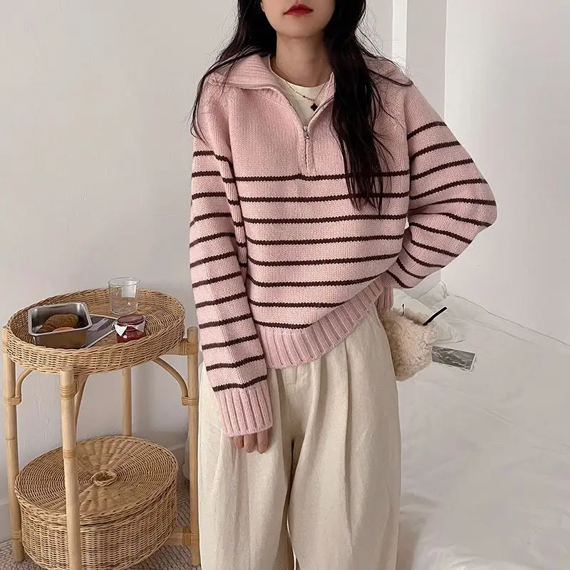 خريف شتاء نمط جديد الحرير الجليد بولو الرقبة سترة قصيرة فضفاضة المرأة نصف سستة مخطط تريكو عادية متعددة الاستخدامات #4