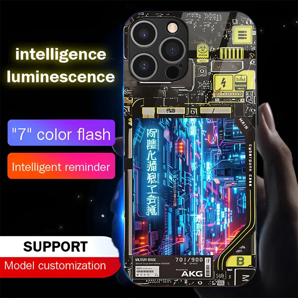 

Luxury Punk City Sound Control LED Flash Cases Luminous Glass Cover For iPhone 16 E 15 14 13 12 Pro Max 7 Plus X XR