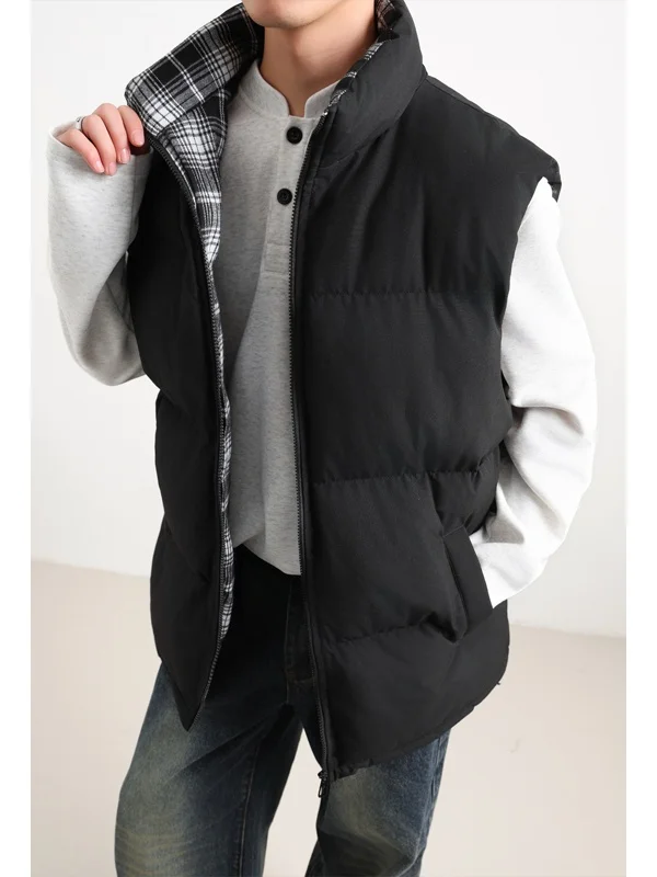 

Retro Plaid Splicing Cotton Jaet Vest Men's Winter Faionable Top Youth Casual Zipper Decorated Loose Fit Polyester Fiber
