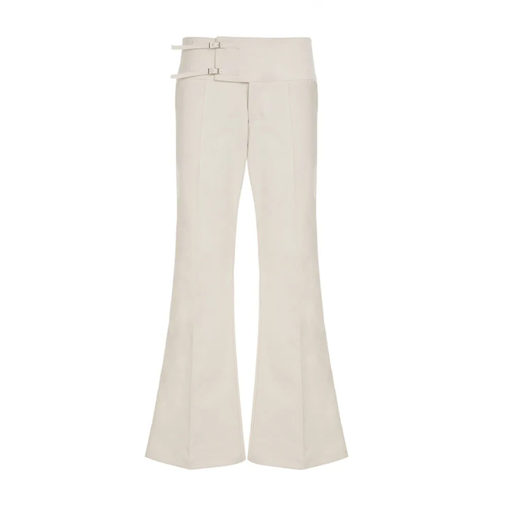 Y2K Women White Low Rise Flare Trousers Vintage Style Double Button Waist Long Pants Casual Streetwear Ladies Pants Bottoms