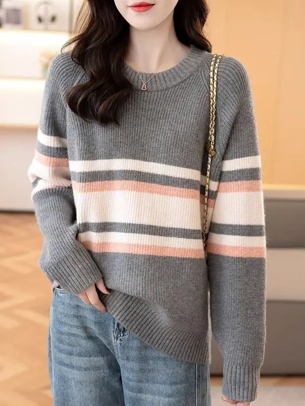 Maglieria a righe color sangue di fascia alta Maglione strato base allentato da donna Abbigliamento interno Autunno Inverno Caldo Fce Lungo Sve rotondo...