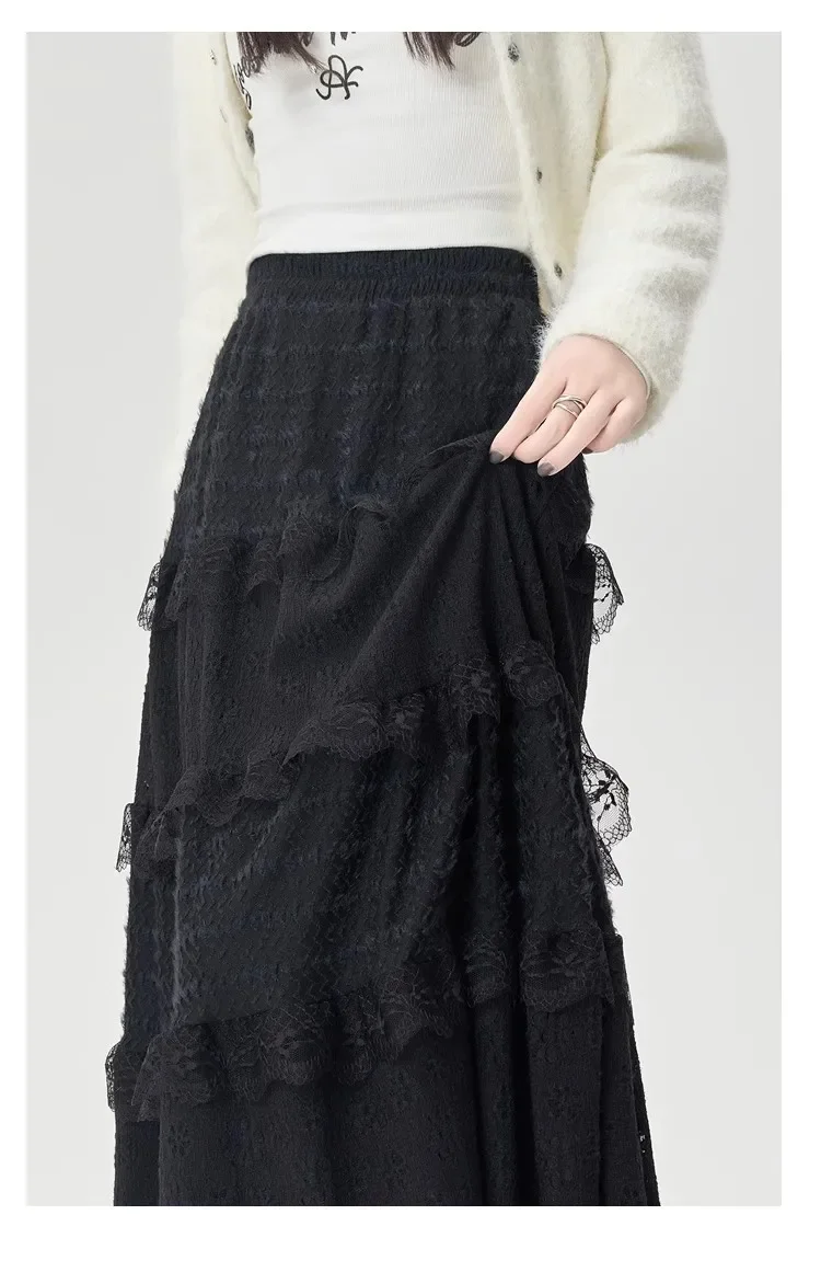 Gentle Wind High Waist A-Line Lace Splicing Long Skirt Women's Fairy Tale Cake Skirt Mid-Length Midi Skirt for Autumn Winter