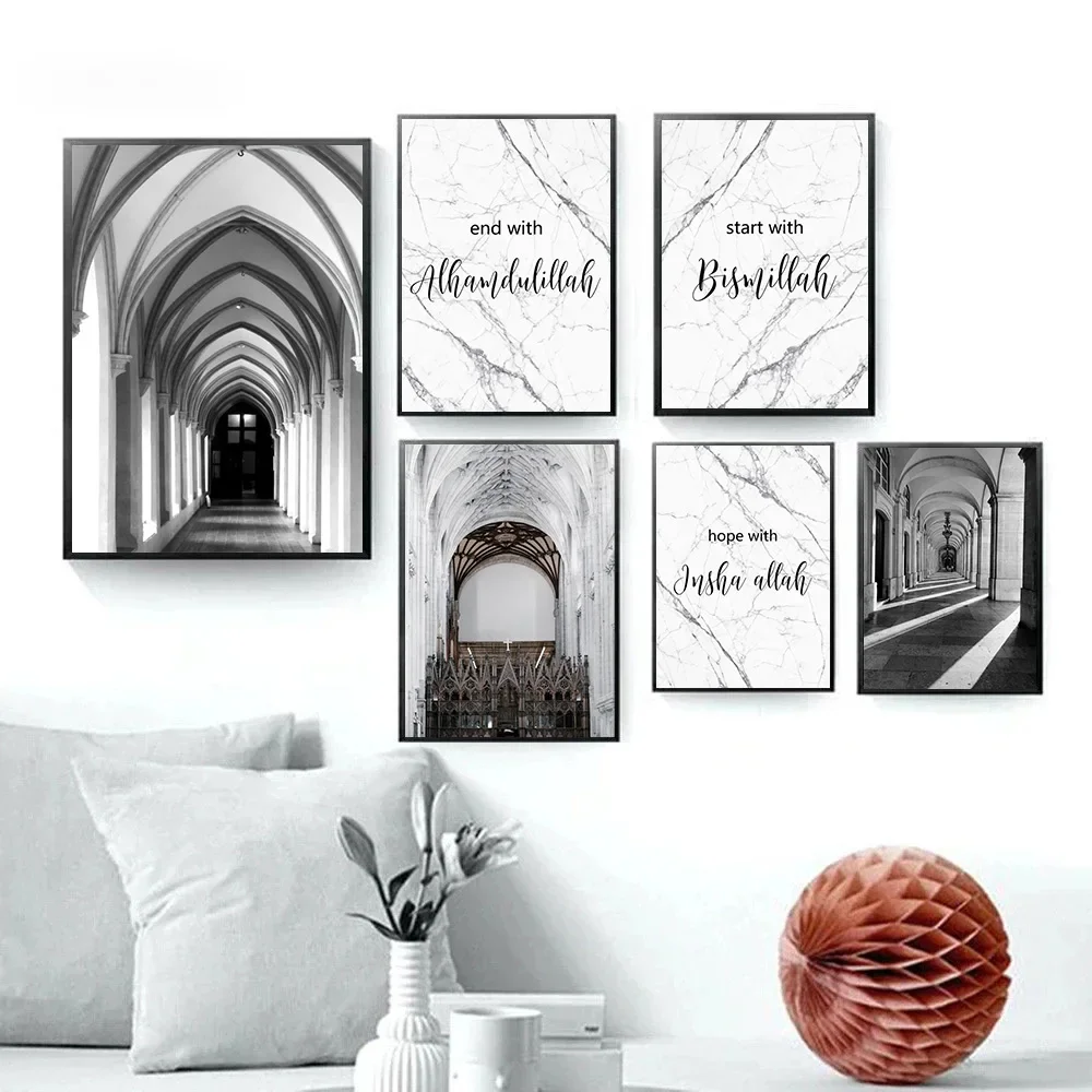 

Black And White Morocco Canvas Print Marble Islamic Calligraphy Poster Arabic Muslim Wall Art Painting Picture Living Room Decor