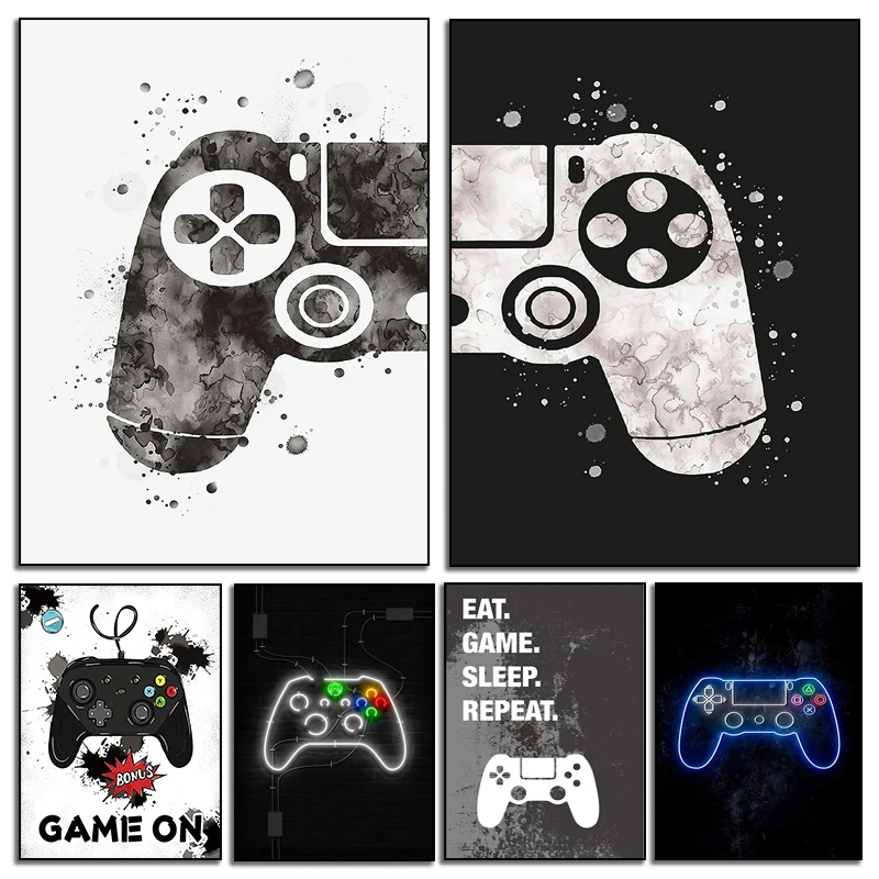 Abstract Blue Gaming Room Gamepad Posters Canvas Painting and Prints Wall Art Pictures Gamer For Boys Children Room Decor Gift