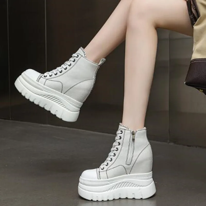 12cm New 2026 Denim Women Breathable Platform Hidden Heels Shoes Genuine Leather Synthetic Chimney Fashion Autumn Ankle Booties