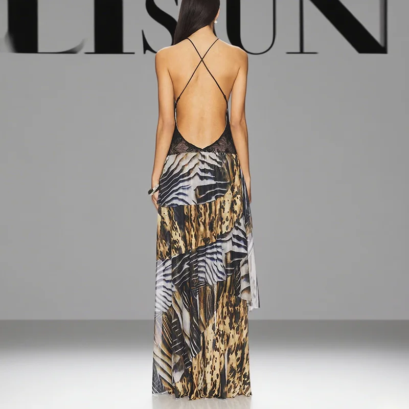 Robe Maxi élégante, dos nu, sans manches, imprimé Patchwork, Sexy, taille haute, fendue, col licou, dentelle, ajourée, robe de bal, été
