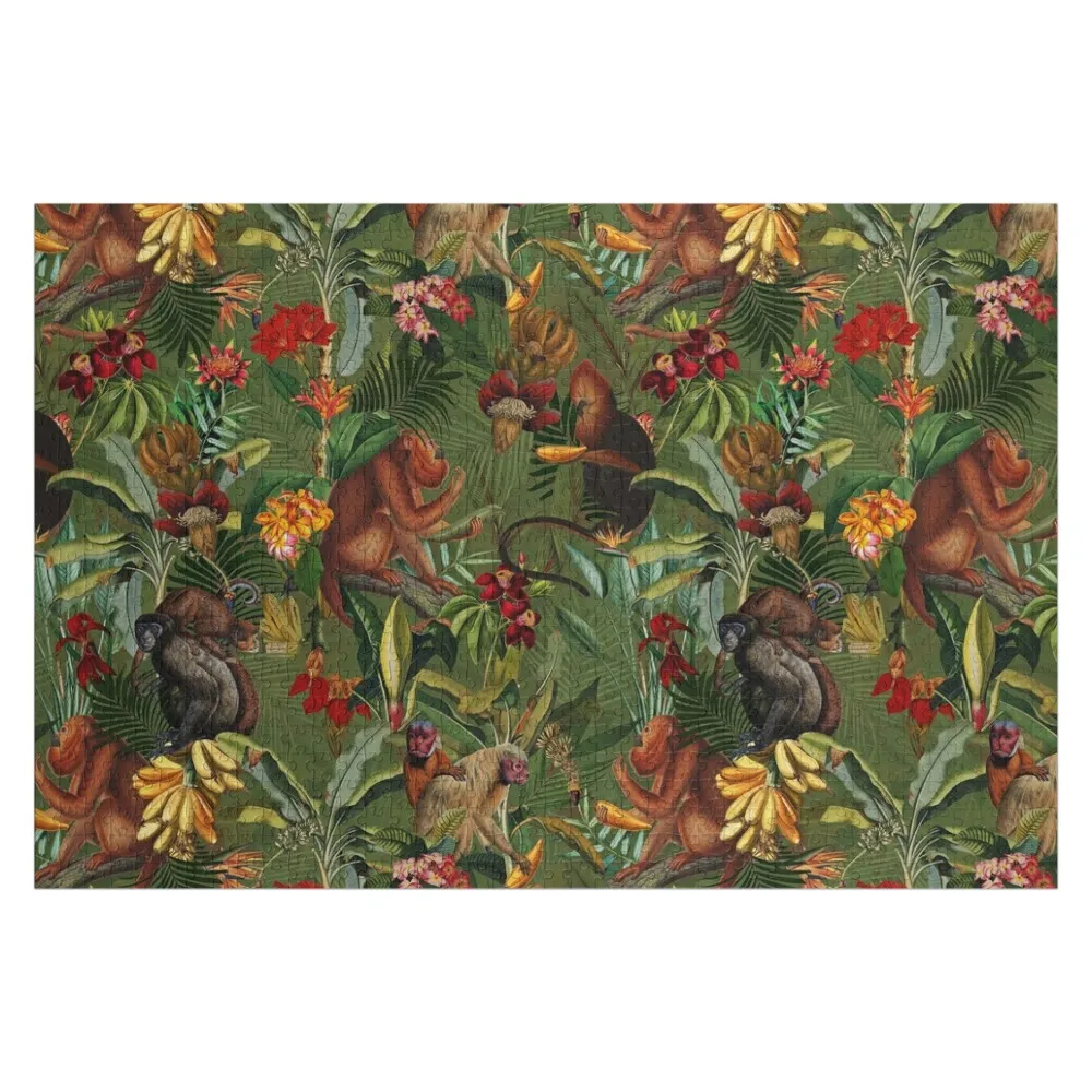 Tropical monkey jungle pattern - dark green Botanical Night Garden Nightgarden Jigsaw Puzzle For Children Puzzle