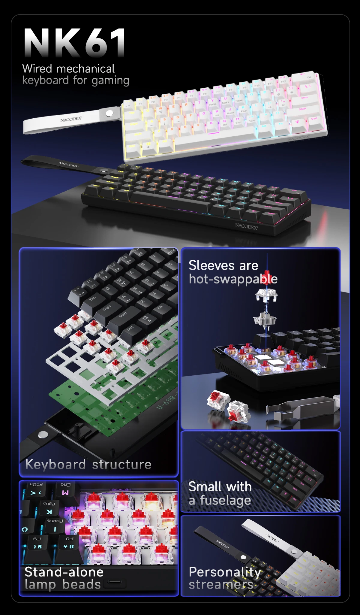 Ai Ajazz NK61 Teclado mecânico para jogos com fio Efeitos de