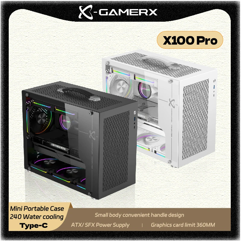 

Чехол для ПК Power Train X-Gamerx X100 Pro MATX Порт TYPE-C Прозрачная сторона 240, блок питания ATX SFX с водяным охлаждением, мини-портативный чехол