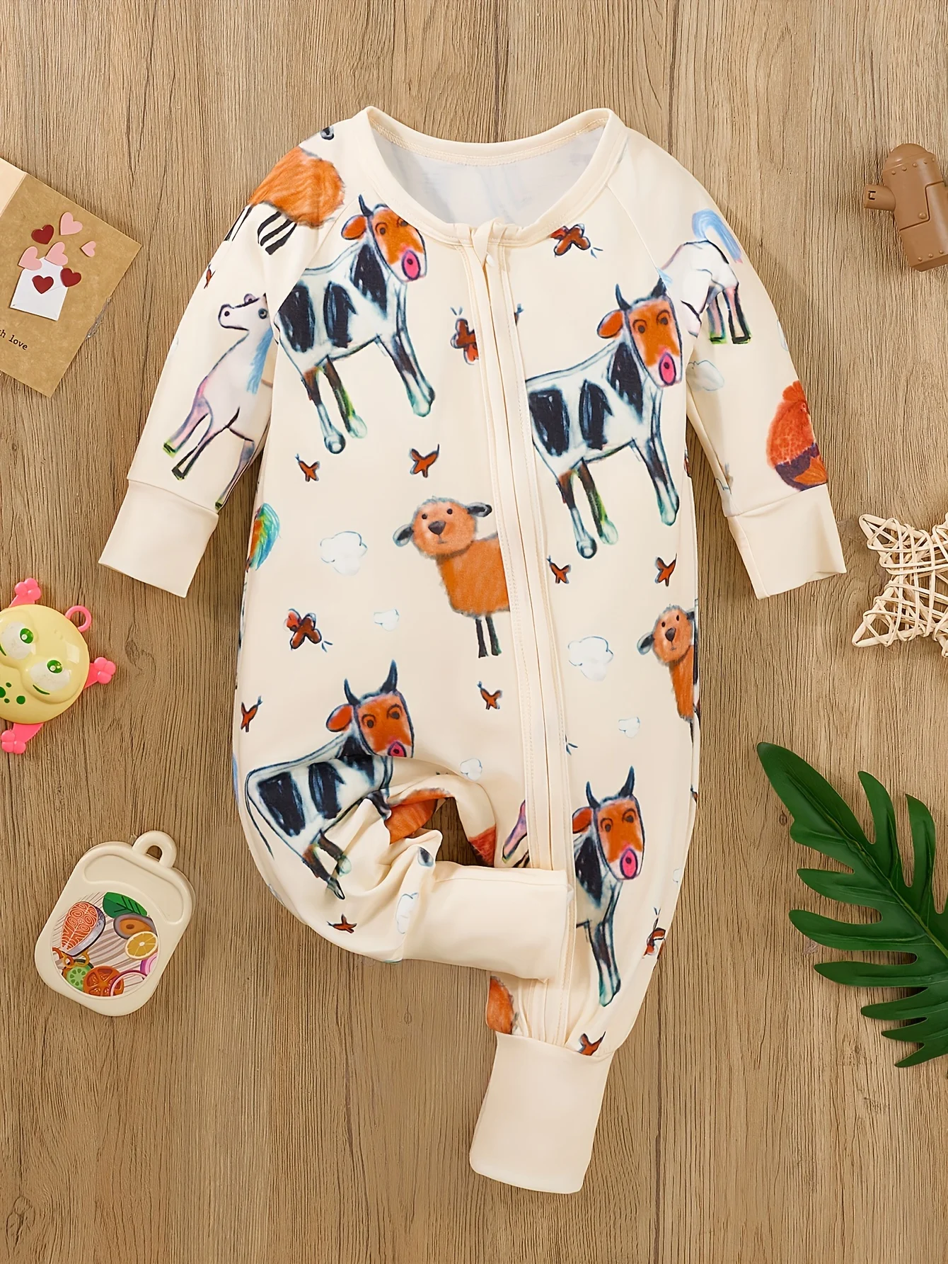 Cute cartoon printed baby boy jumpsuit long sleeve round neck zipper jumpsuit baby clothes