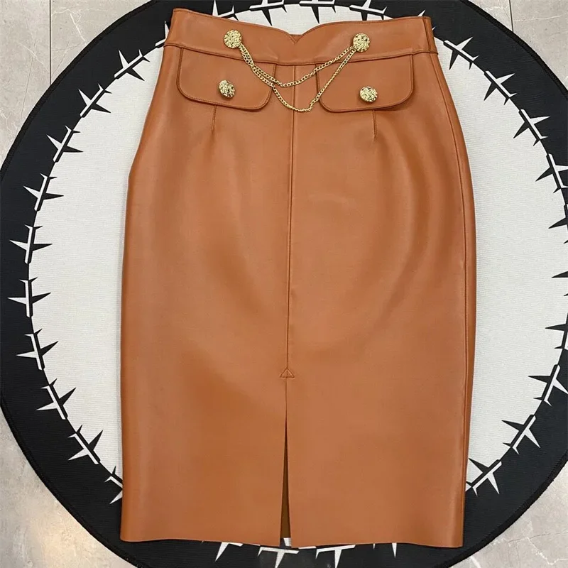 Fashion Spring Female Genuine Leather OL Pencil Skirt Green Sheepskin Sexy Midi Long Slim Over Metal Belt Knee-Length