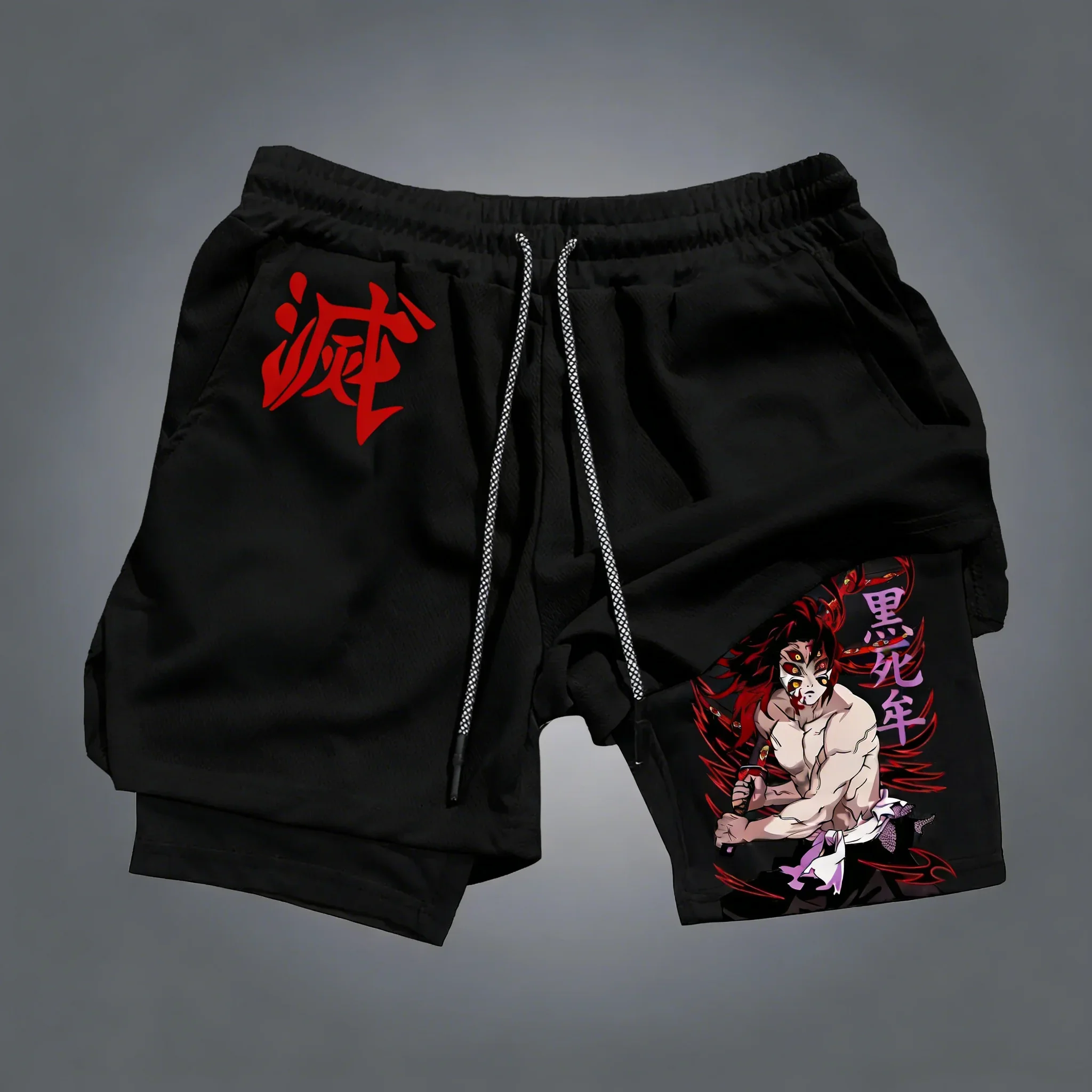 Demon Slayer Anime 2-in-1-Shorts für Herren, Sommer, neu, Kokushibo, bedruckt, Fitness, schnell trocknend, atmungsaktiv, doppellagige Shorts