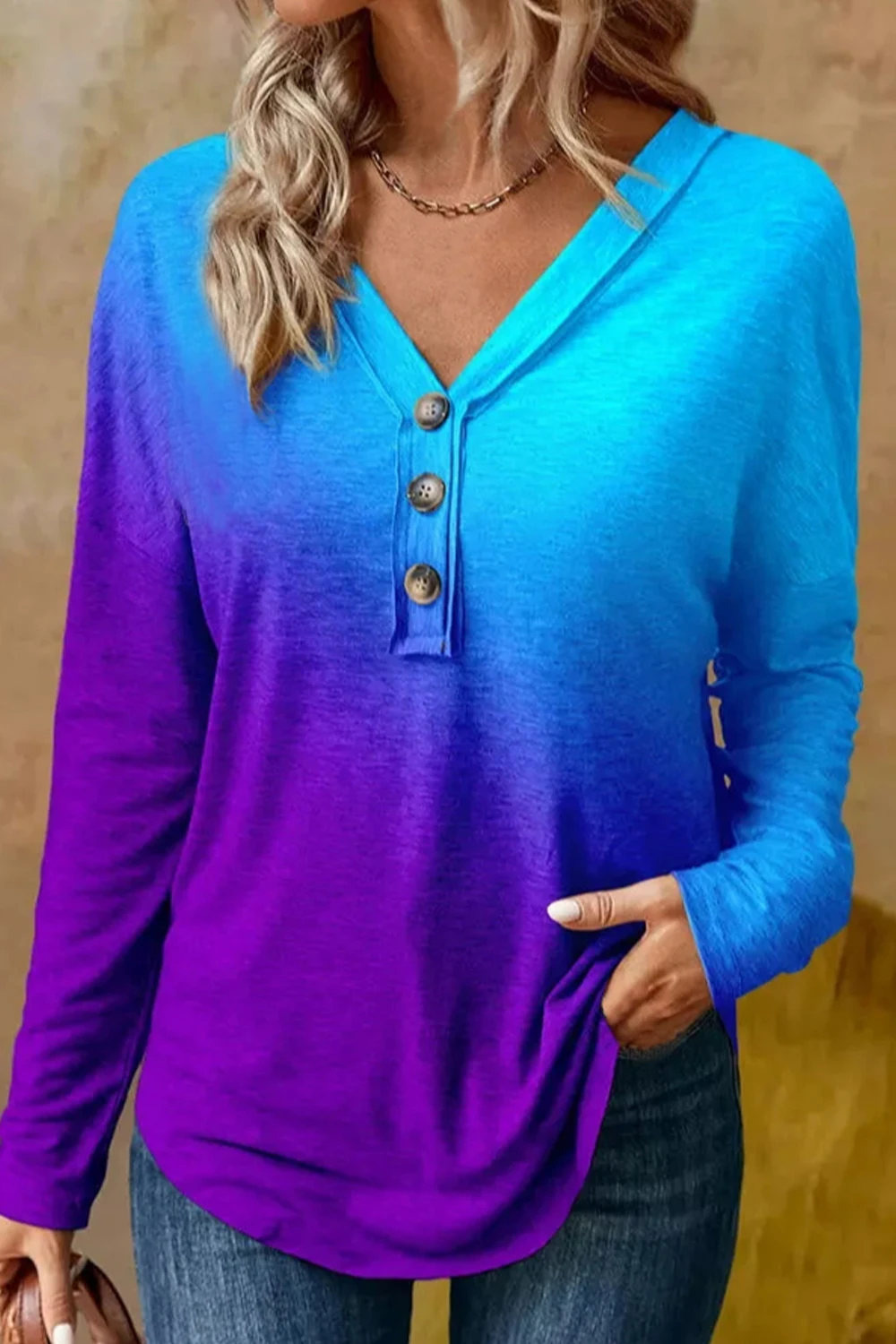 Bluzka Flycurvy Plus Size Casual Blue and Purple Splicing Ombre Button V Neck Bluzka z długim rękawem