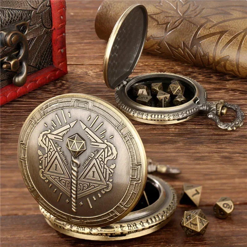 Retro Magic Wand Design Pocket Watch Case Pendant Chain 7Pcs Tiny Polyhedral Metal Dice Set Table Role Play Gaming Dices
