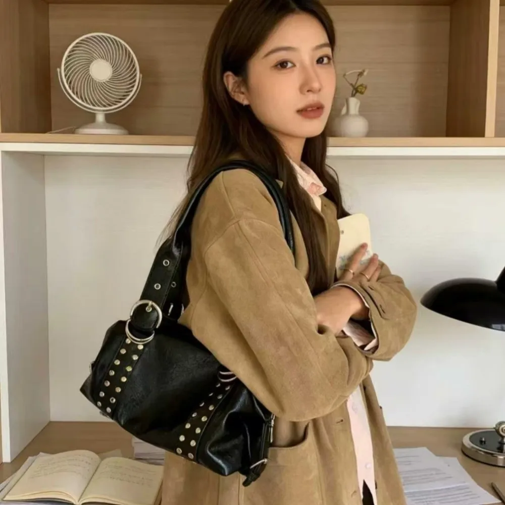 

New Fashion Vintage Style PU Leather Women Shoulder Bag Large Capacity High Quality Motorcycle Bag Y2K Tote Bag Daily Use