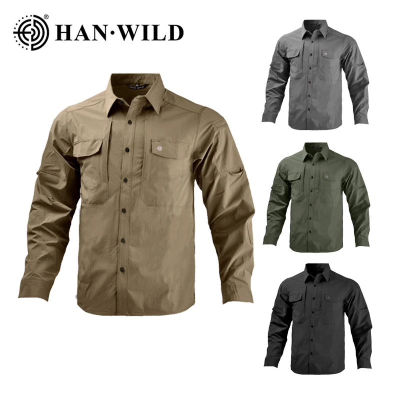 

HAN WILD Men's Tactical Shirts Summer Lightweight Quick Drying Shirts Man Shirt Breathable Long Sleeve Outdoor Work Cargo Shirts