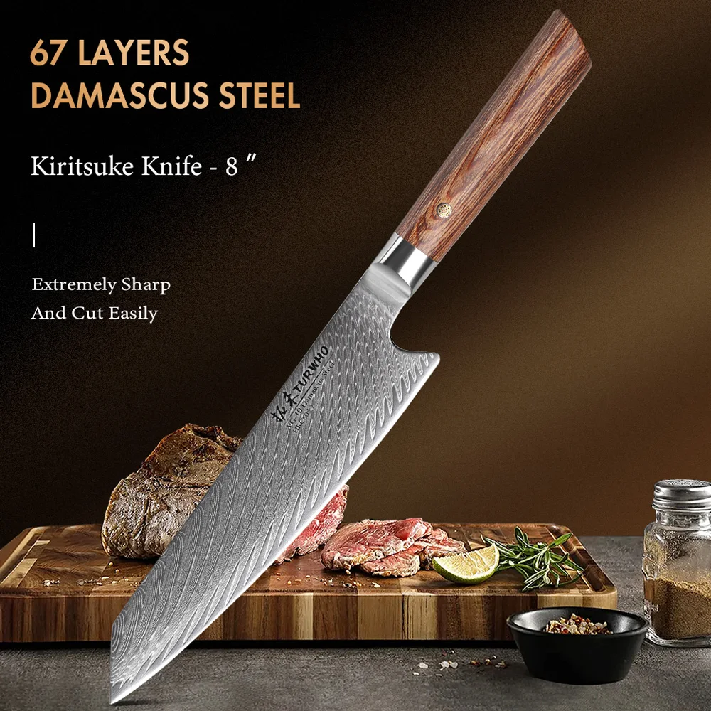 

8 дюймов нож шеф-повара из дамасской стали TURWHO, Ручная ковка, 67 слоев, VG10 нож для резки кирицукэ, острый нож для нарезки мяса, кухонные инструменты