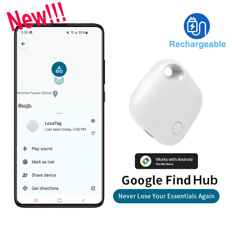 Rechargeable Key Finder, Bluetooth Luggage Tracker Works with Google Find Hub (Android Only), Item Locator for Wallet, Backpack