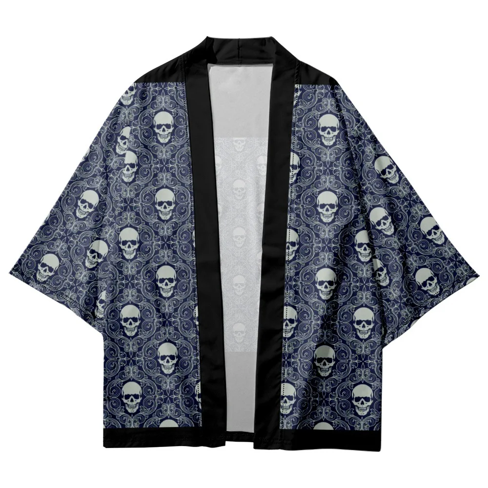 

Japanese Beach Cardigan Asian Women Girl Kimono Plus Size XXS 6XL 5XL Blue Skeleton Print Tops Blouse Yukata Clothing