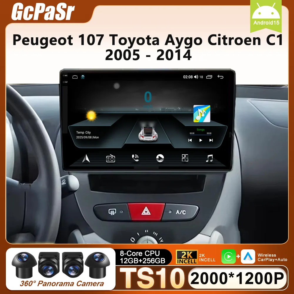 Rádio Automotivo Android 16 para Peugeot 107, Toyota Aygo, Citroen C1 2005-2014 - Central Multimídia com Carplay, Auto, Vídeo e Bluetooth