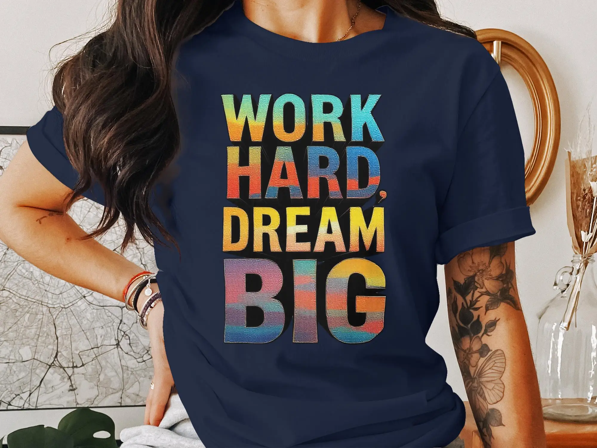 Motivational Quote T Shirt Work Hard Dream Big Inspirational Positive Message Apparel Casual Top