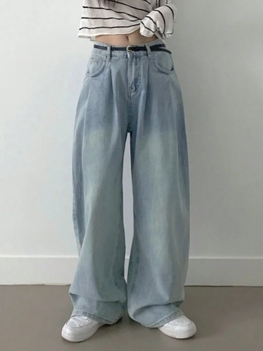 South Dongdaemun Summer Hong Kong Flavor Retro Washed Faded Wide-Leg Pants High Waist Loose Slimming Straight Jeans Women Z313