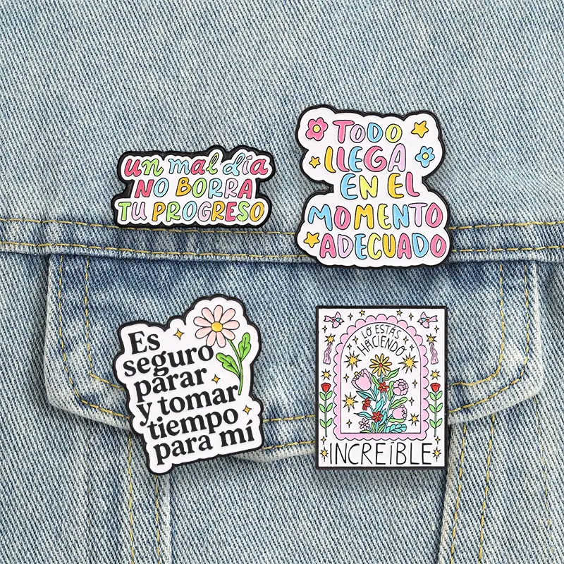Spanish Positive Phrase Badges Motivational Flower Text Enamel Pin Inspirational Latin Brooch Mexican Accessories Gift