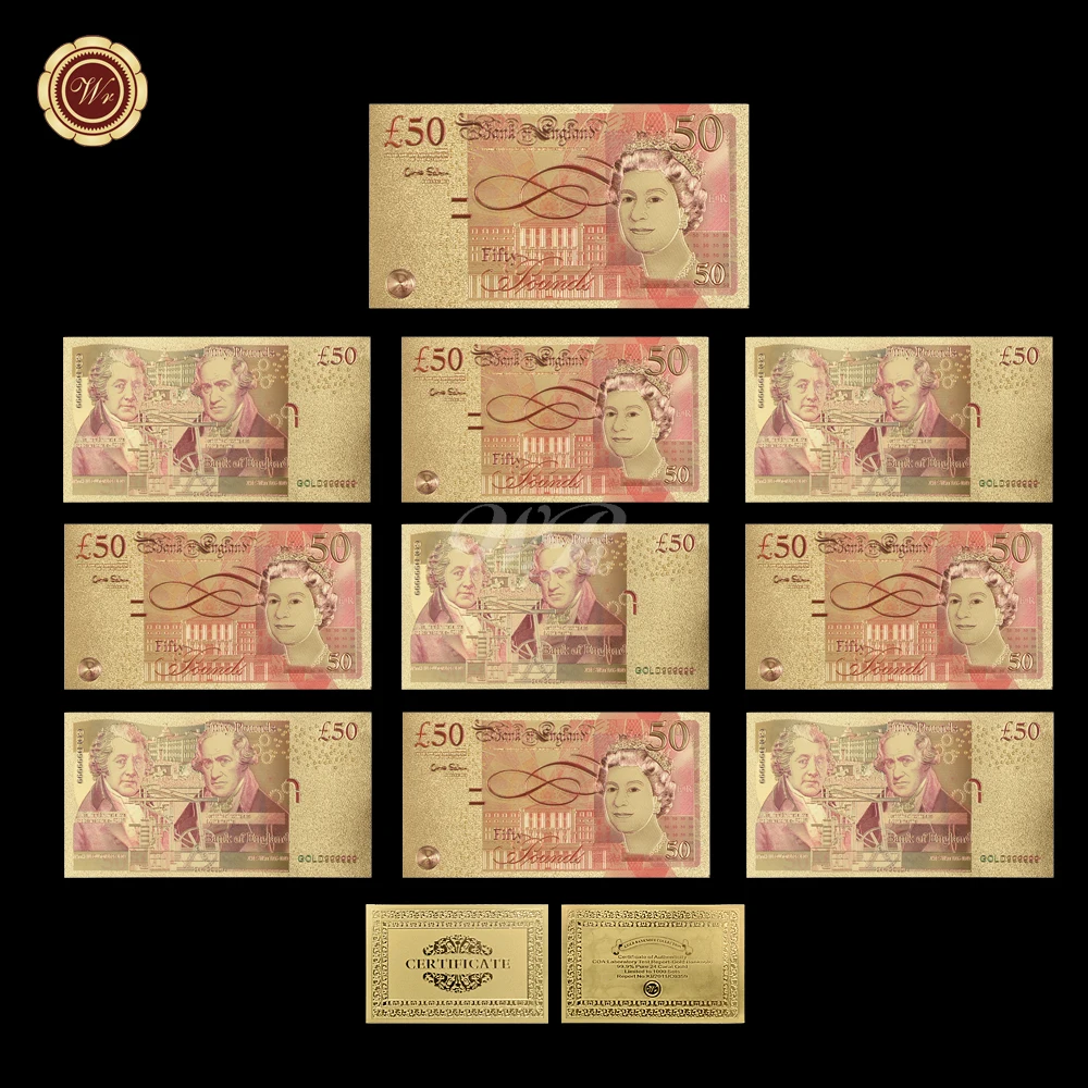 10Pcs/set Colored Gold Foil Banknote Queen Elizabeth United Kindom Pound Banknote UK GBP Fake Money Bill Souvenir Gift for Him