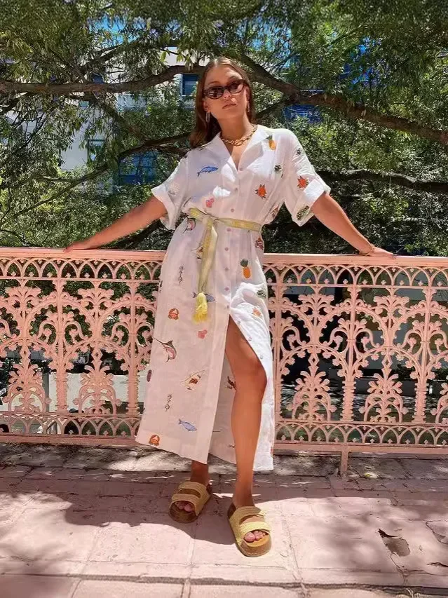 Trend 2024 Summer Fashion Print Elegant Women Lace Up Midi Dress Vintage Short Sleeves Chic Female Split Dresses Vestidos Mujer