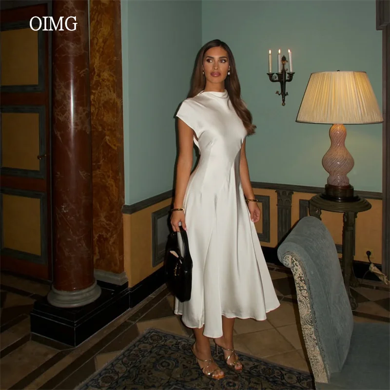 

OIMG Modern High Neck A Line Prom Gowns Tea Length Party Gown Gala-ready Evening Dress vestidos de gala Customized