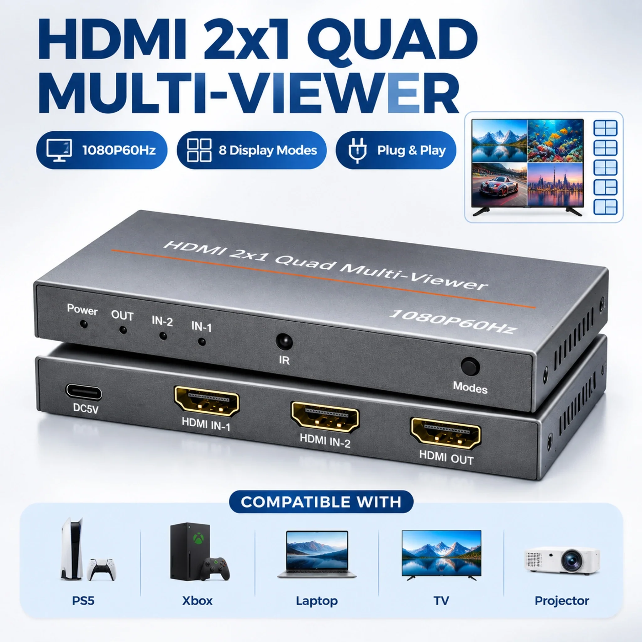 1080P 60Hz Multi-Viewer Switch 2x1 2 In 1 Out Picture in Picture PIP Display 2CH HD Video Multiplexer Multiviewer For PC