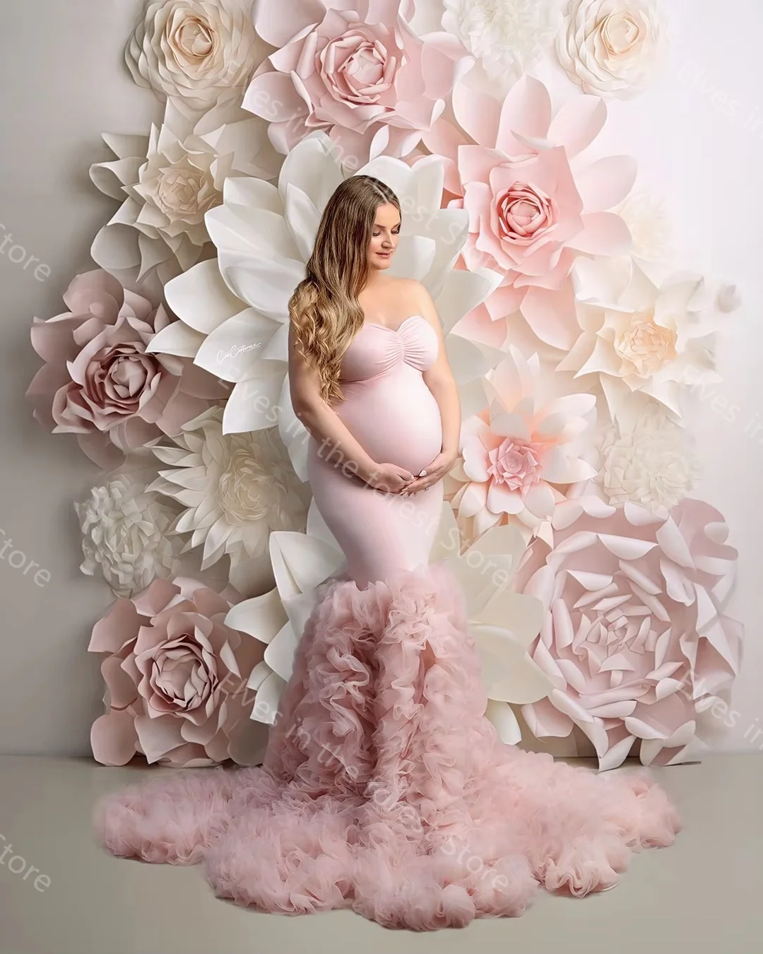 Glamorous Pink Maternity Robes Tiered Ruffles Sleeveless Pregnant Women Photography Dresses Puffy Customized Baby Shower Gowns