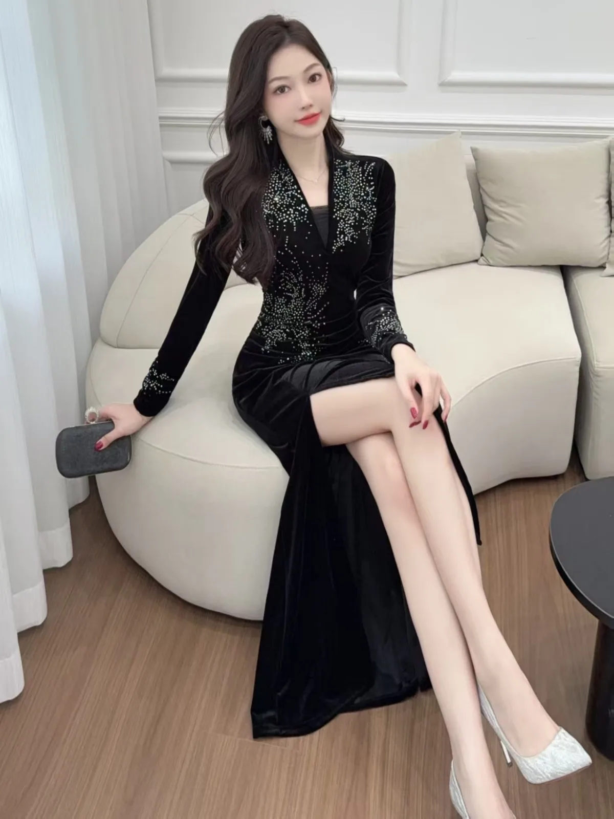 

Sexy Long Sve Lace Trim Bodycon Dr Women's Autumn Winter High Waist Deep V Ne KTV Dr Chinese Brand Faionable Gown