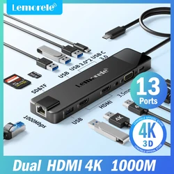 Lemorele 4K USB Hub USB C to Dual HDMI VGA Gigabit Docking Station USB 3.0 VGA Adapter SD Card Readers  for Windows MacBook Air