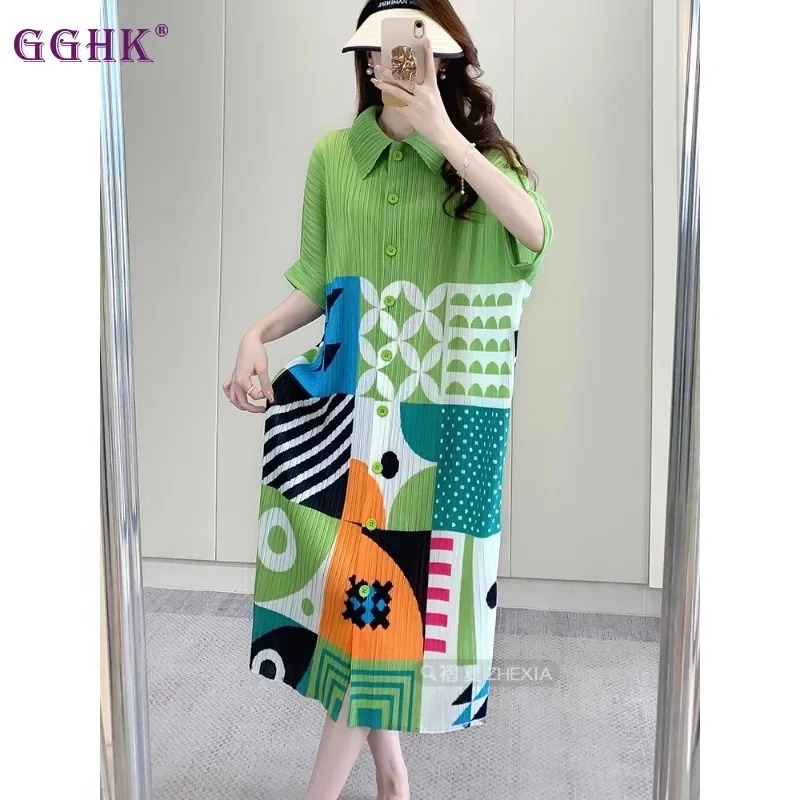 GGHK Pleated Women Daily Dress 2024 Fall New Lapel Short Sleeve Printed Single Breasted Loose Large Size Design Female Dresses