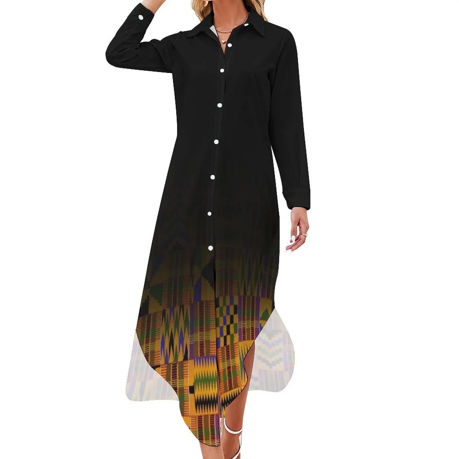 

black fading kente print Long Sleeved Shirt Dress women's dresses luxury summer dress korean women prom clothes Prom gown