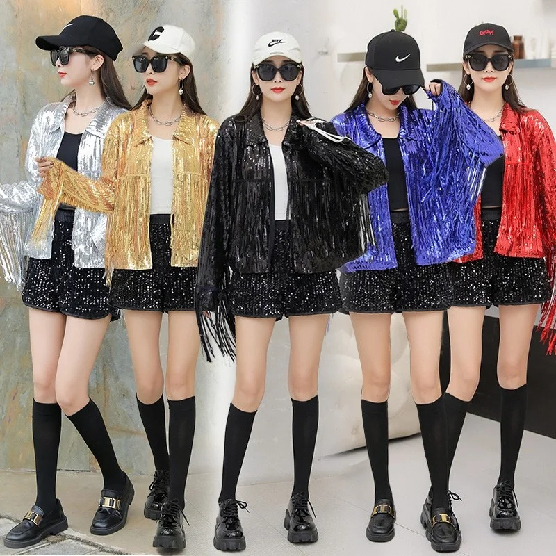 Korean Style Sequin Short Jacket Long Sleeve Fashion Tassel Design Loose Top Club Bar Dance Performance Suit Set Women's Clot...