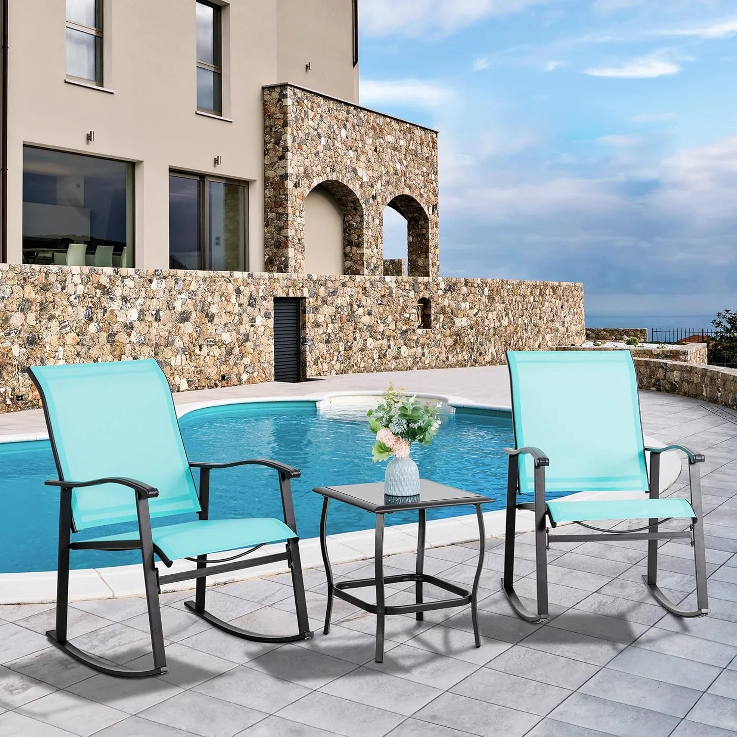 3 Piece Outdoor Rocking Bistro Set, Textilene Fabric Small Patio Furniture Set, Front Porch Rocker Chairs Conversation Set(Blue)