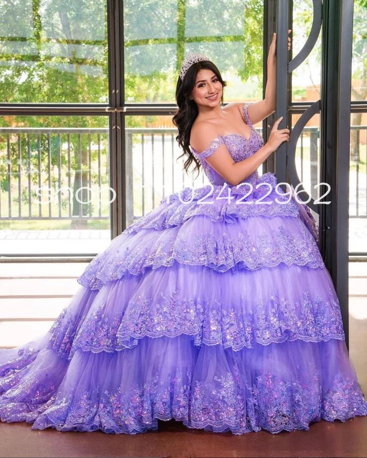 أرجواني لافندر فساتين الأميرة Quinceanera ، زين لامع ، مشد الدانتيل قبالة الكتف ، فساتين حفلة موسيقية ، 15 سنة ،