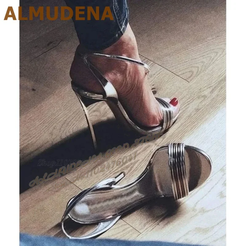 

ALMUDENA Silver Metal Blade Heel Sandals Thin High Heel Strappy Dress Shoes Buckle Strap Elegant Banquet Shoes