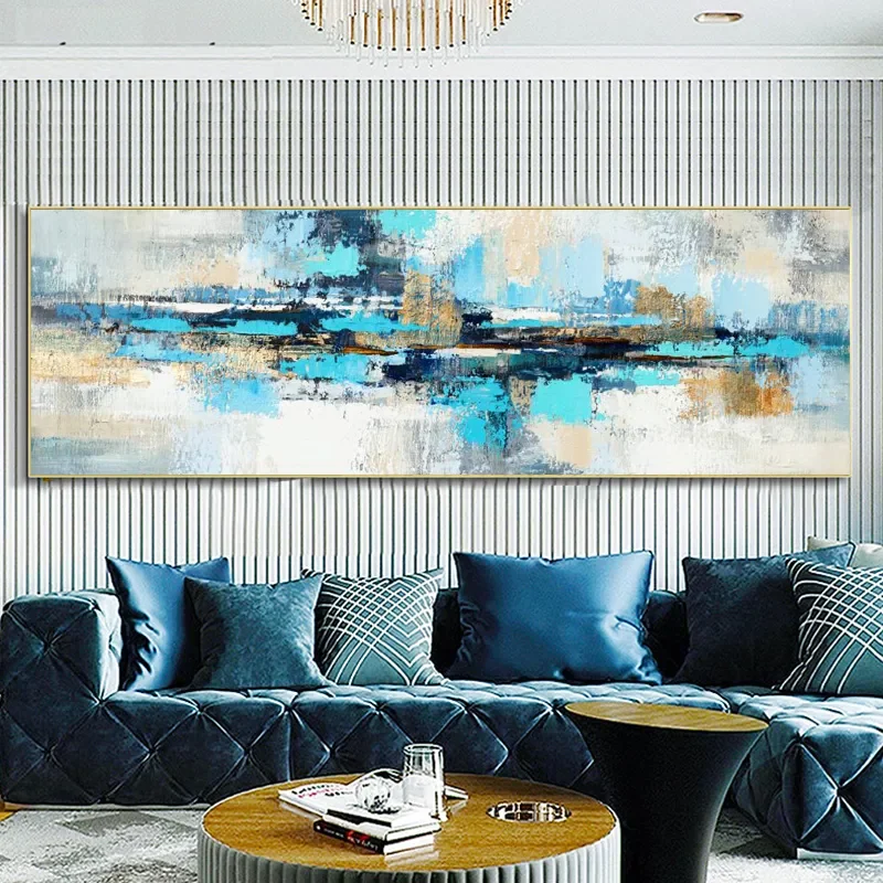 Modern Abstract Wall Art Blue Color Block HD Canvas Oil Paintings Posters & Prints Home Bedroom Living Room Decoration