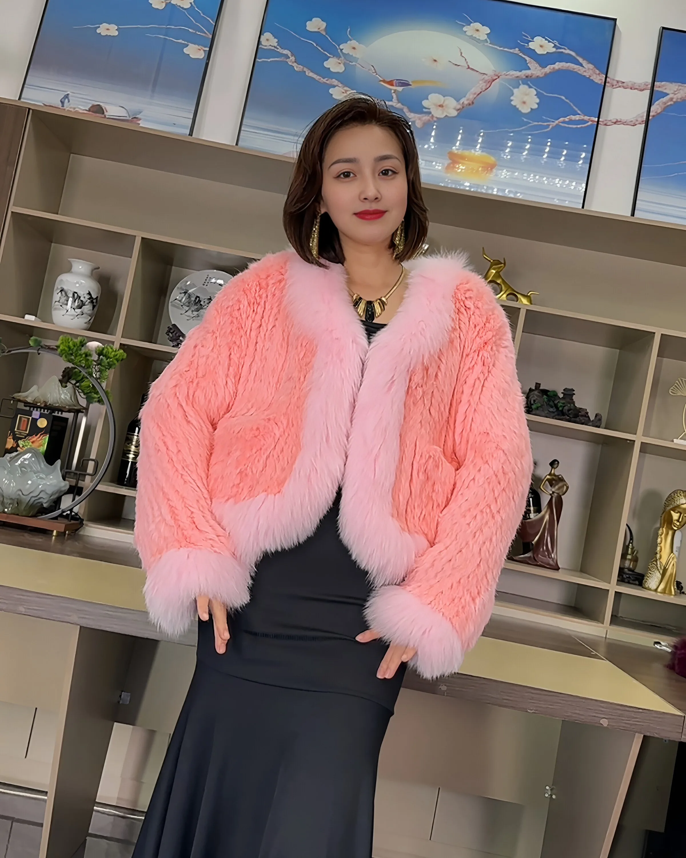 Hot Sales Women High Quality Fox Fur Collar Loose Coat Real Rabbit Fur Coat Autumn Winter Double-sided Weaving Rabbit Fur Coat