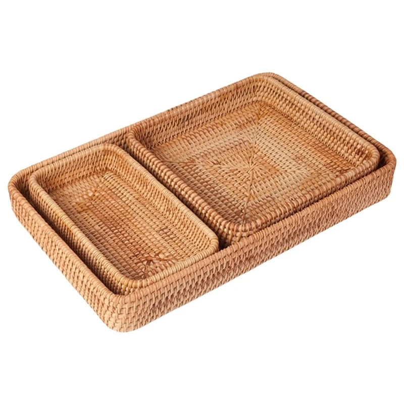3 Piece Natural Rattan Tray Set Handwoven Storage Baskets for Coffee Table Organization Bathroom Essential Countertop Decors